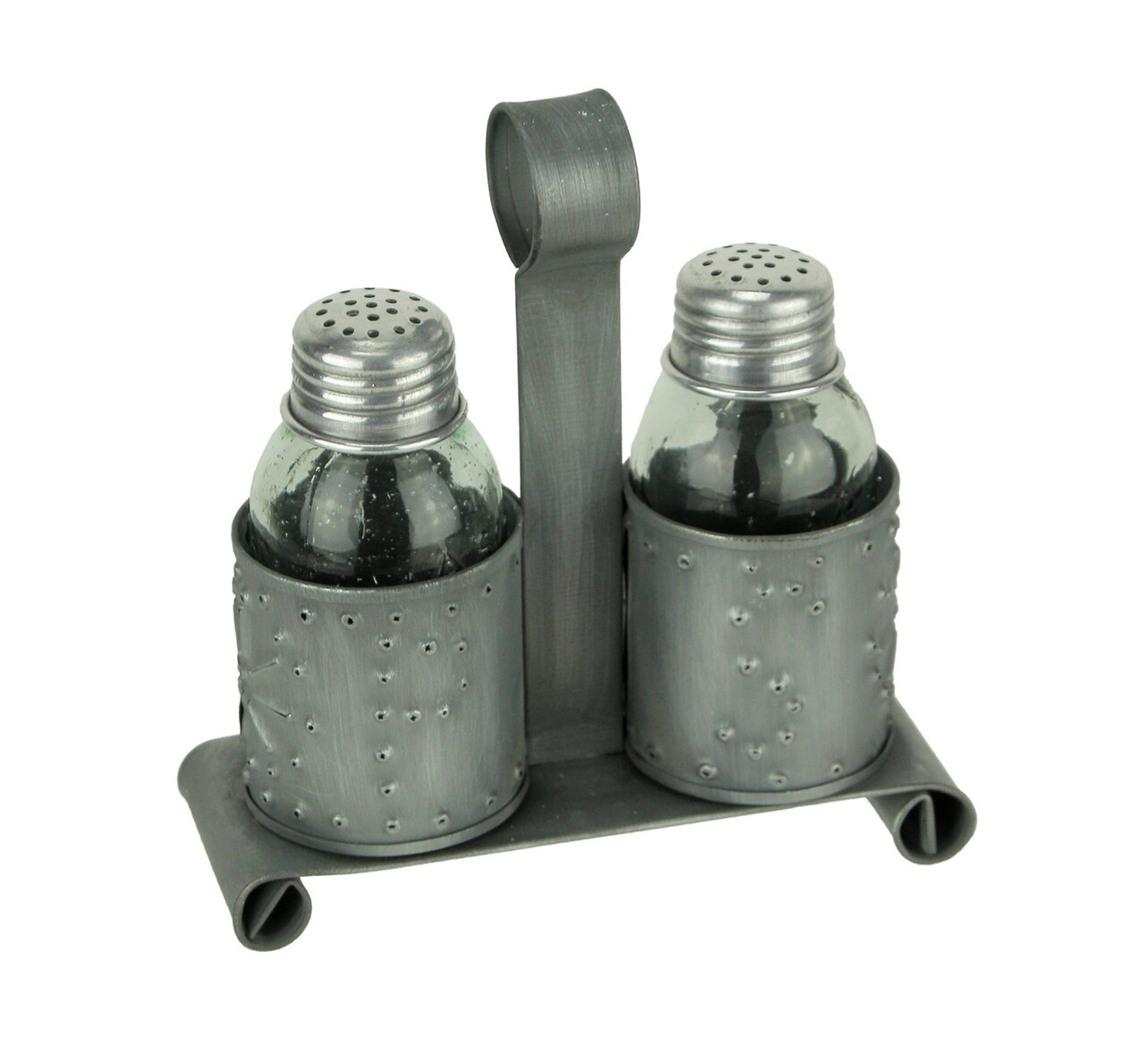 Primitive Perforated Tin and Glass Salt and Pepper Shaker Set Dining Table Decor